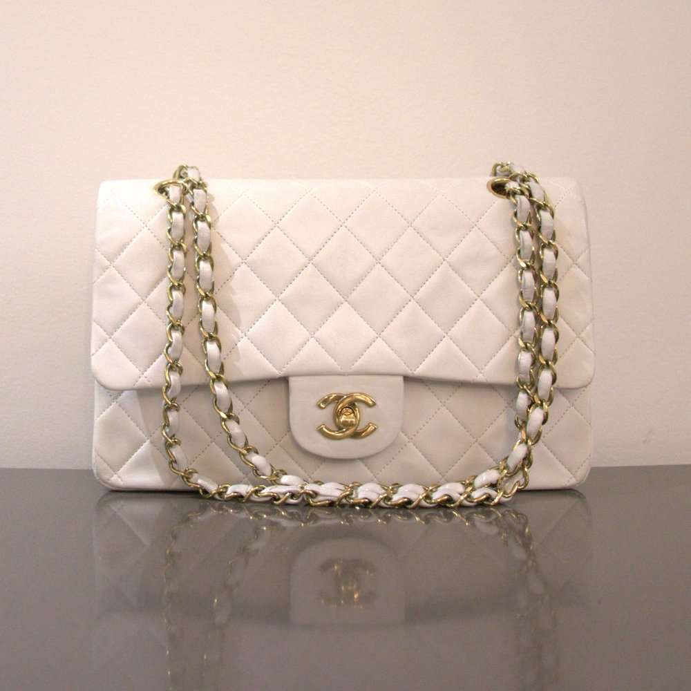 CHANEL Lambskin Quilted Small Double Flap in White